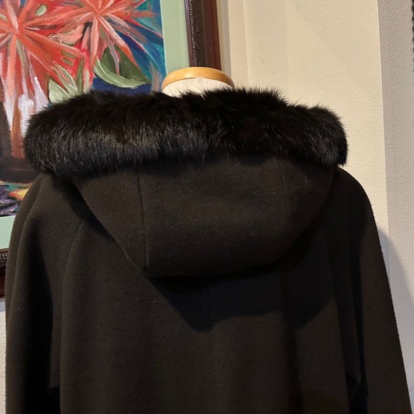 Elegant Brown Wool Long Overcoat with Hood & Real Fur 1990s - sz 10 P or Med - Picture 4 of 16